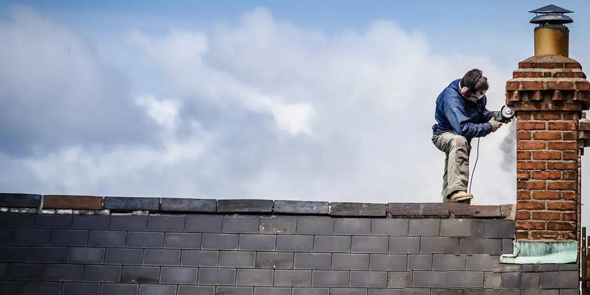 Worker repairing chimney on roof against cloudy sky.