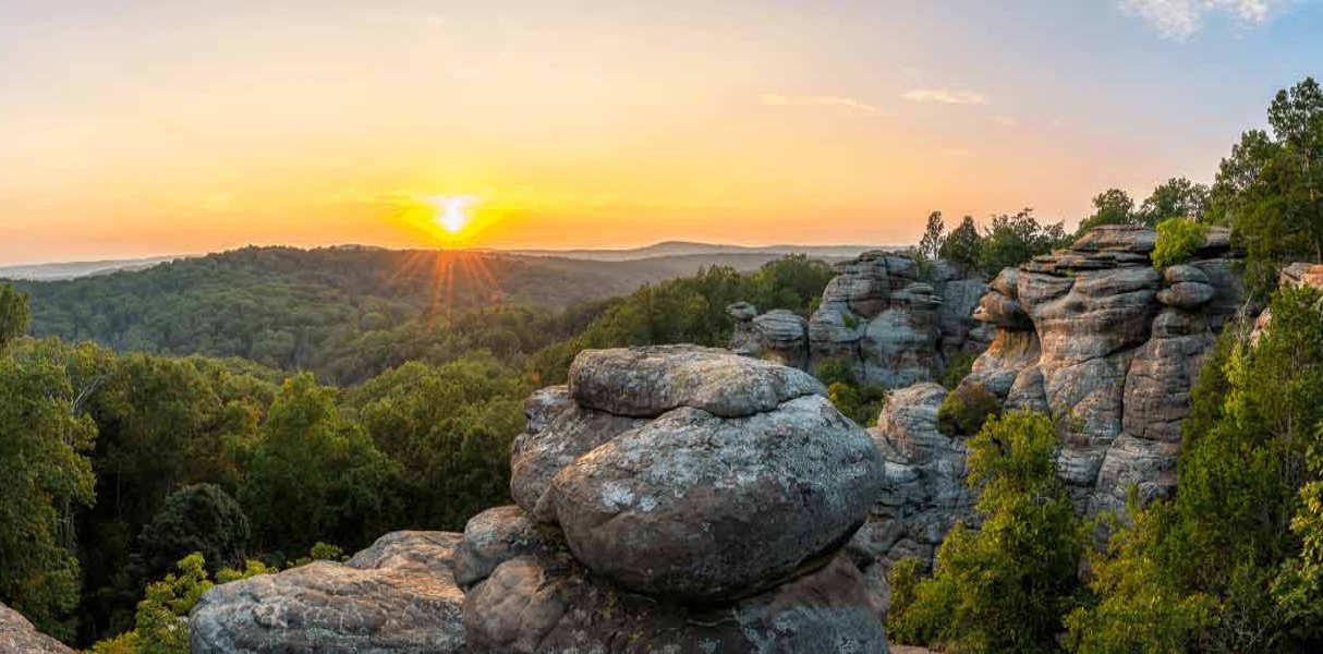 Sunset over Shawnee National Forest rock formations